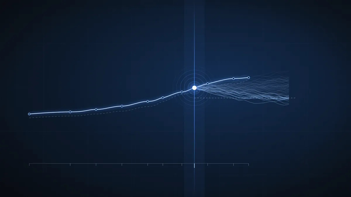 Illustration: a Treasury yield curve glowing across a dark terminal grid, with the seven-year point isolated by a vertical beam and a fan of simulated yield paths running toward a dashed threshold.