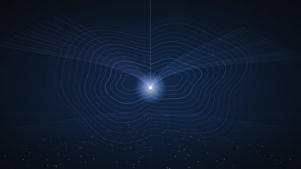 Illustration: two forecast fields — violet on the left, blue on the right — radiating from the same bright point above one city grid, their contours diverging from identical starting information.